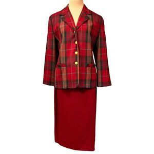 VTG Nygard Worsted Wool Wardrobe Jacket Vest Skirt Pant Sz M Red Raspberry Plaid
